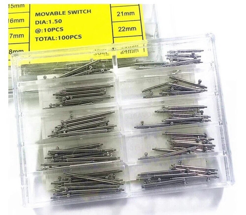 304L stainless steel watch spring bar, 1.5/1.8mm thick, fits 14-24mm bands, durable and movable.