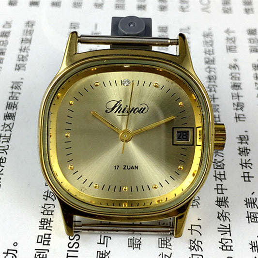 33mm China-made manual mechanical watch with golden dial and square case, elegant single calendar display.