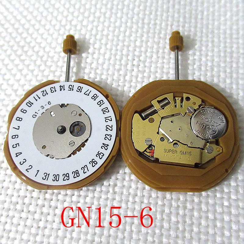 Miyota GN15 quartz watch movement showing date display at 3 and 6 o'clock positions