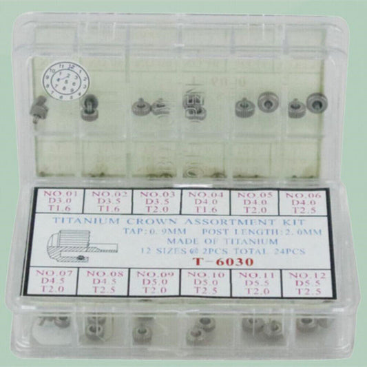 Set of 24 titanium watch crowns in 12 sizes for repair and replacement, durable watch parts kit.