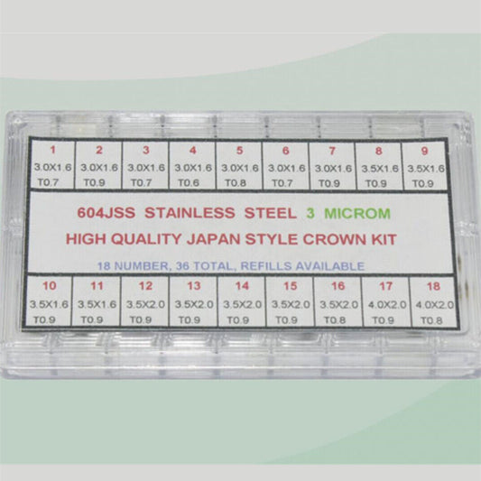 36pcs stainless steel watch crown set with Japan style, high-quality replacement parts for repairs.