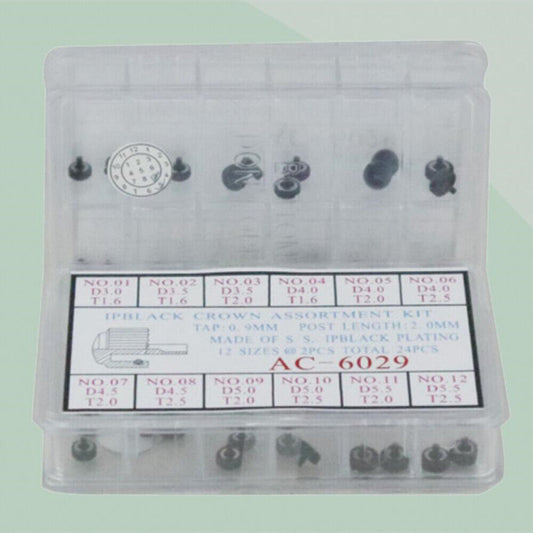 Black plated stainless steel watch crowns assortment kit, 24pcs in 12 sizes for precise repairs.