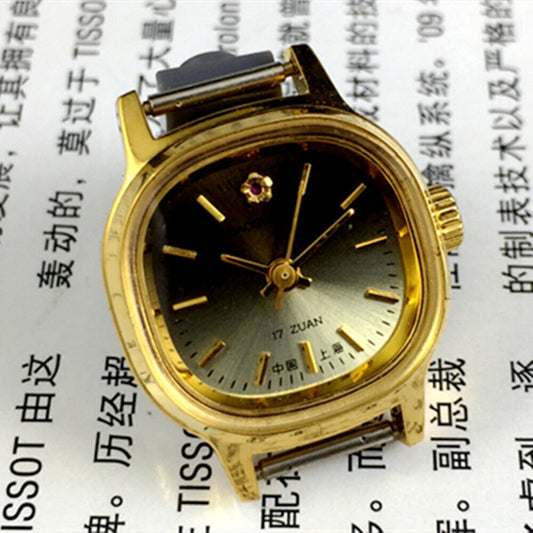 23mm manual mechanical Lady Watch with golden nail markers, gradient green dial, and square case.