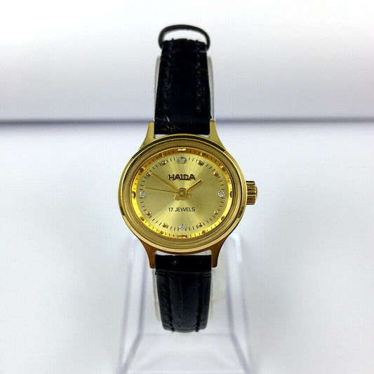 Elegant 24mm HAIDA mechanical ladies watch with oval golden case and imitation diamond accents, perfect for stylish occasions.