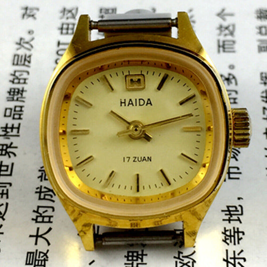 HAIDA manual mechanical lady watch with golden nail markers, yellow dial, and square case for elegant style