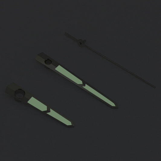 Green luminous watch hands with silver trim for Asian 8215/2813 and Miyota 8N24 movements, ideal for watch repair.
