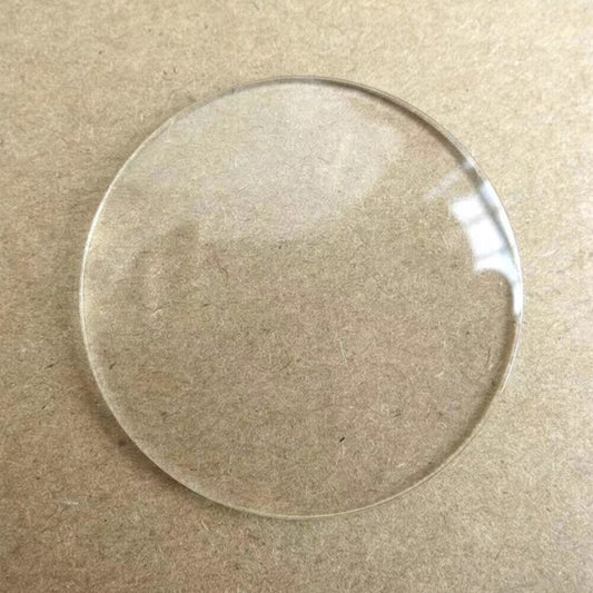 Set of 5 round single dome watch glass crystals, 25-35mm, 1.5-2.5mm thick for watch repair accessories.