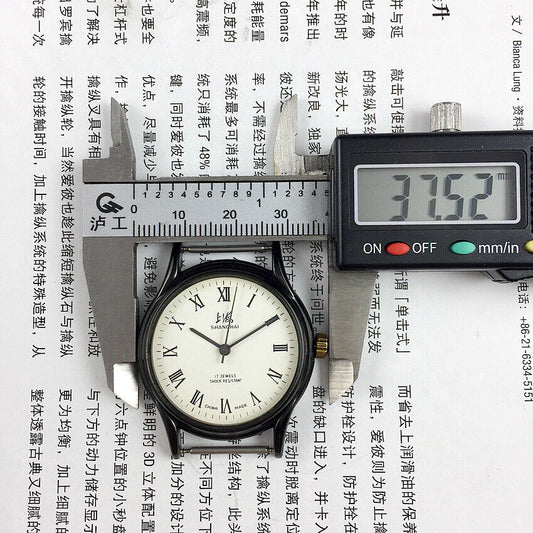 37mm Shanghai Factory manual mechanical watch with Roman numerals, 17 jewels, classic design.