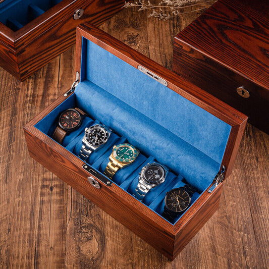 White Wax Wood watch case organizer with 6 slots for stylish storage and display of watch accessories.