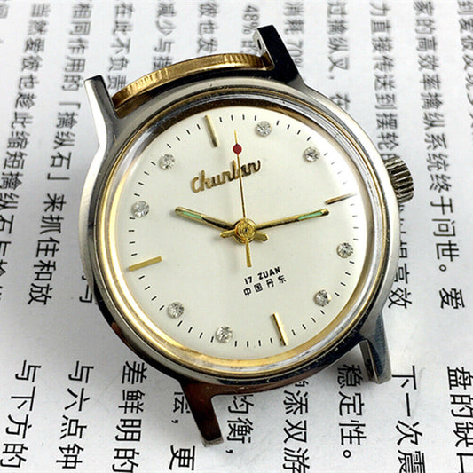 Chunlan 33mm manual mechanical watch with 17 jewels, white dial, and stainless steel band, classic style.