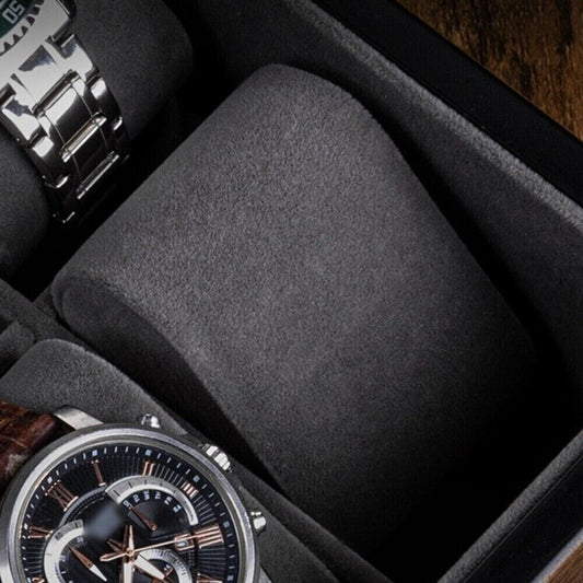 Walnut wood watch box organizer with 6 slots, perfect for stylish watch storage and display.