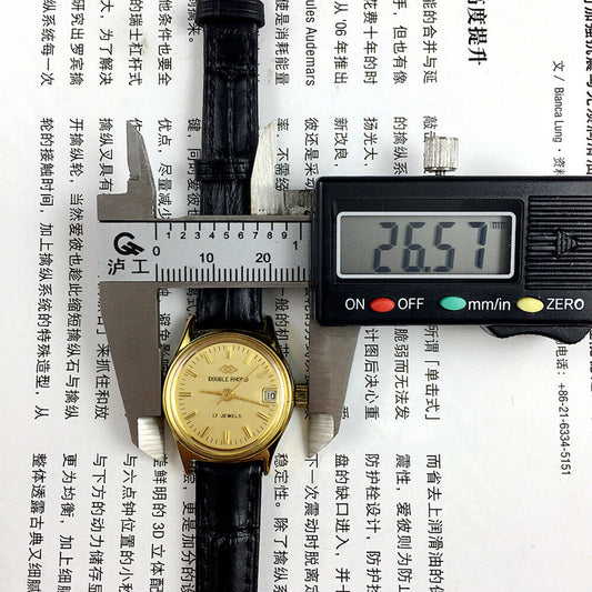 Double Rhomb Lady Watch with golden dial and manual mechanical movement, elegant single calendar display.