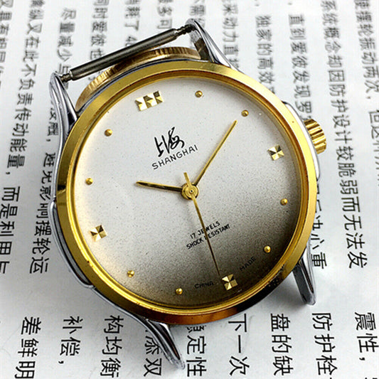 Shanghai Factory 37mm manual mechanical watch with gradient grey dial and 17 jewels, classic design.