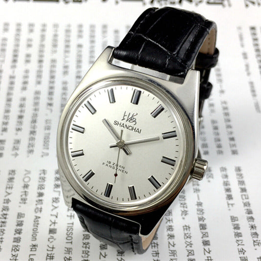 Shanghai Factory 38mm manual mechanical watch with white dial, 3 hands, and 19 jewels for precision timekeeping