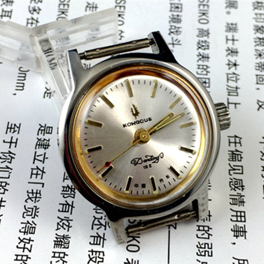 26mm Kongque Lady Watch with silver dial, 19 jewels, manual mechanical movement, and steel band.