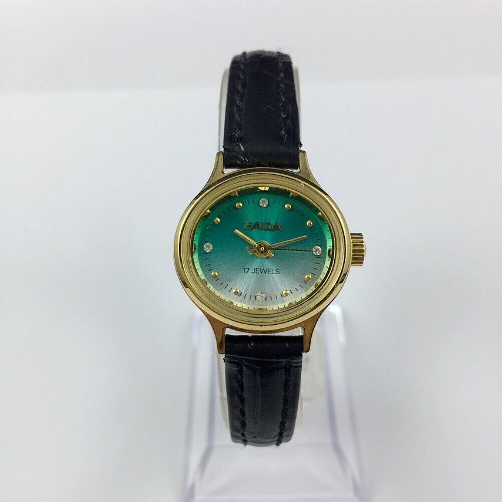HAIDA Lady's mechanical watch with 17 jewels, golden markers, and gradient green oval dial for elegant style.