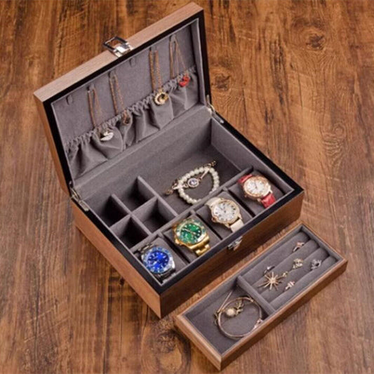 Walnut wood watch box, 4-slot double-layer organizer for stylish watch display and storage.