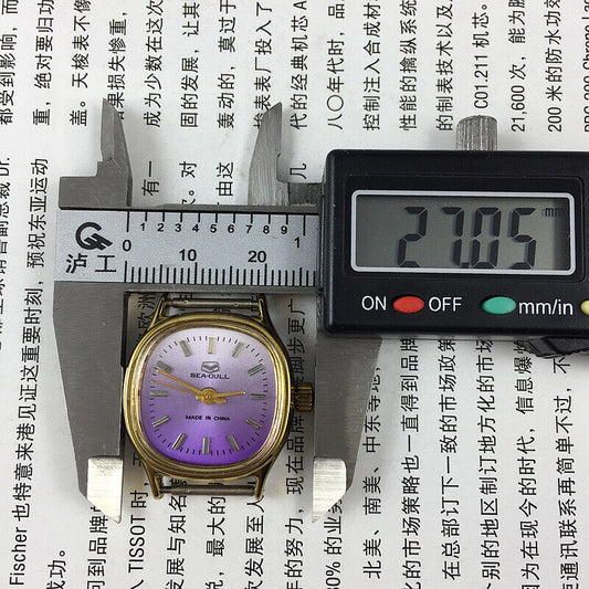Seagull 27mm purple dial ladies watch with square case and manual mechanical movement.