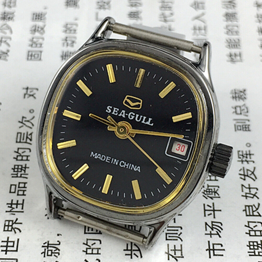 26mm black square Seagull ladies watch with manual mechanical movement and single calendar display.