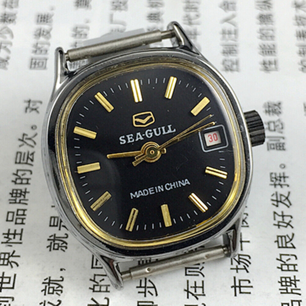 26mm black square Seagull ladies watch with manual mechanical movement and single calendar detail.