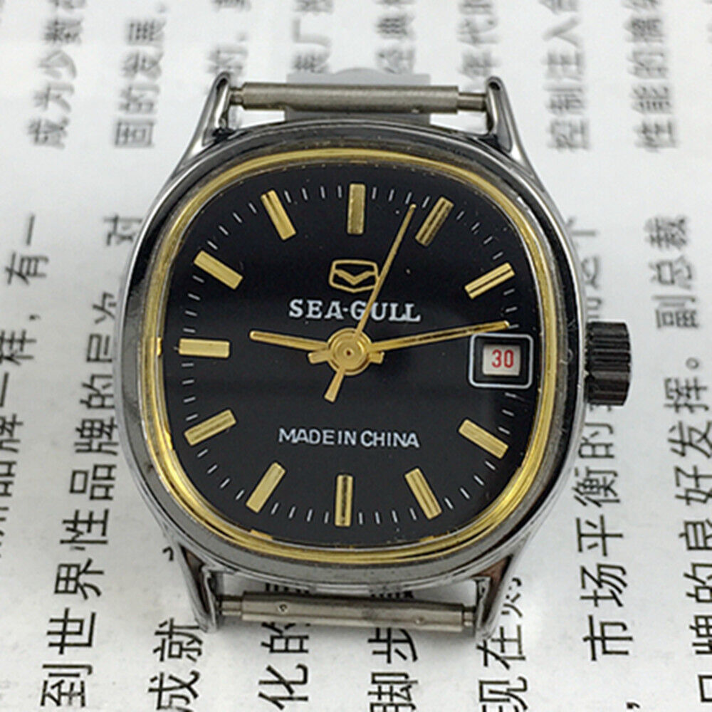 26mm black square Seagull ladies watch featuring manual mechanical movement and single calendar display.