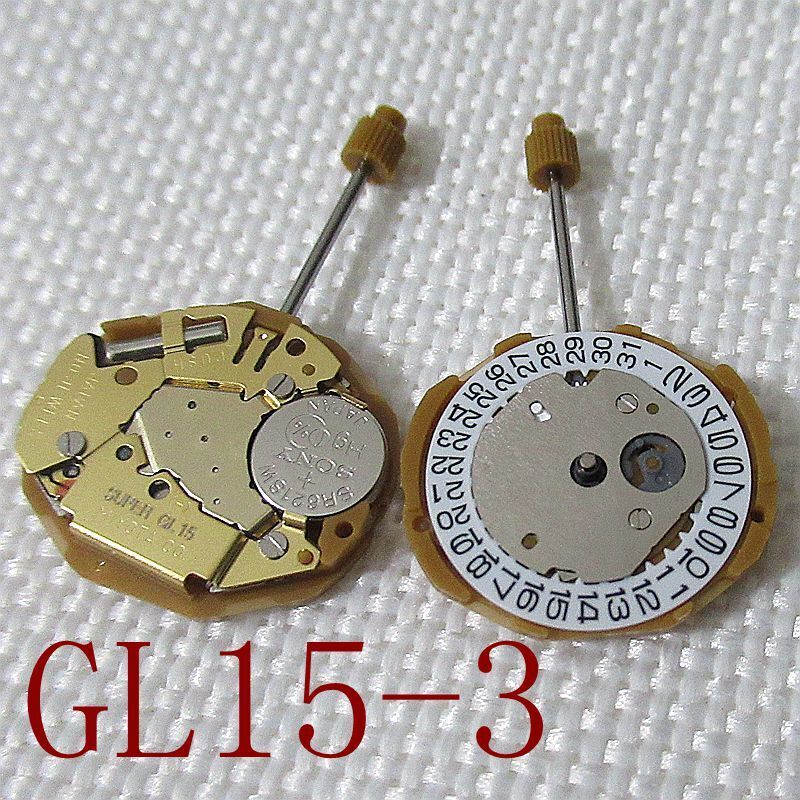 Miyota GL15 Japan quartz watch movement with 2 hands and date display at 3 and 6 o'clock positions.