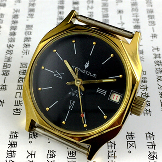 Dandong Liaoning Kongque manual mechanical watch with 17 jewels and black dial for classic timekeeping.
