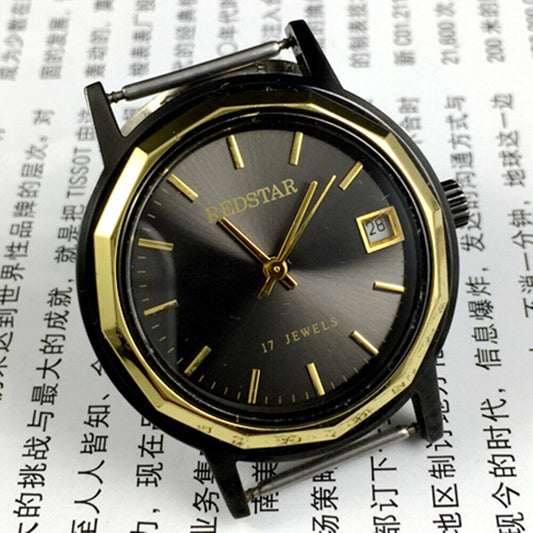 Manual mechanical watch with 17 jewels, single calendar, black dial and case, China made brand.