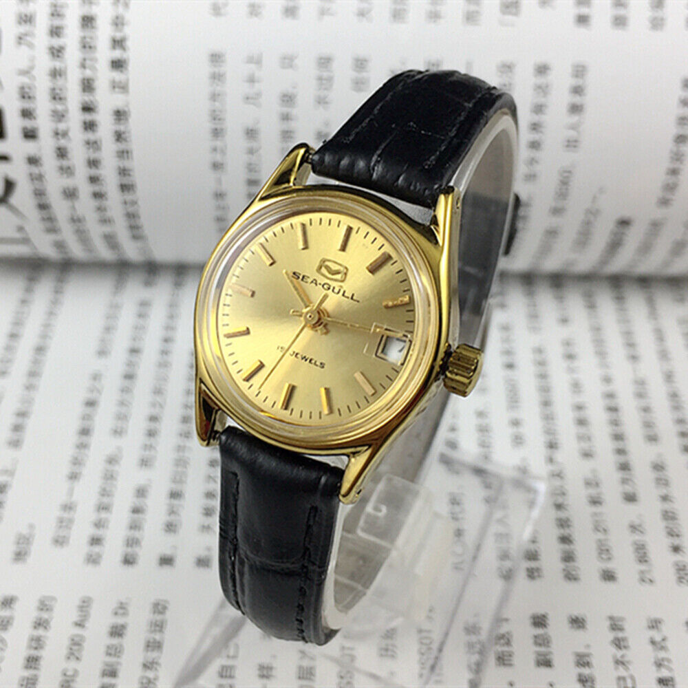 Montre mécanique à cadran rond pour femme, cadran doré, calendrier simple, motif mouette