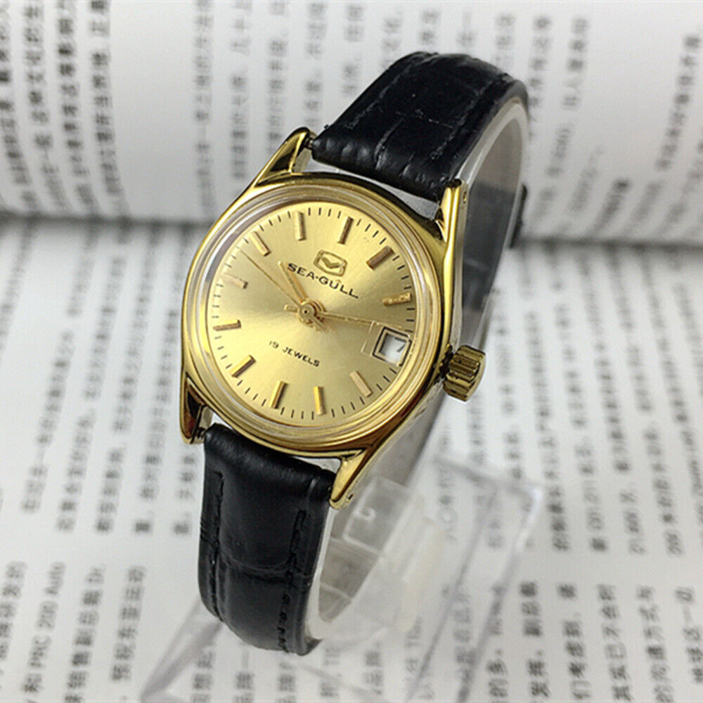 Montre mécanique à cadran rond pour femme, cadran doré, calendrier simple, motif mouette