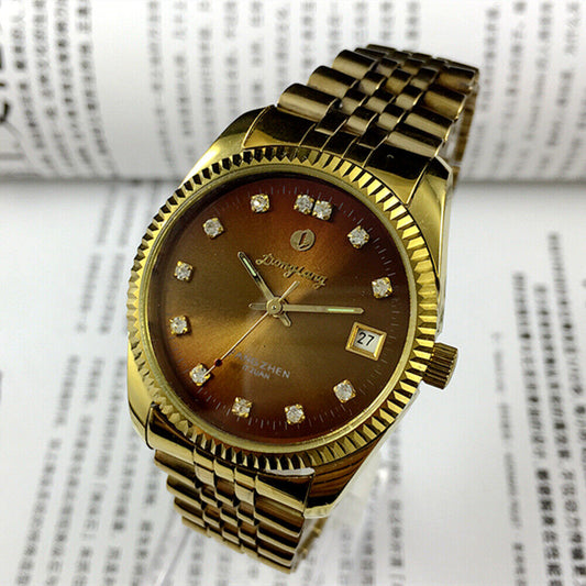 Donglang 36mm manual mechanical watch with 17 jewels, brown dial, single calendar, elegant design