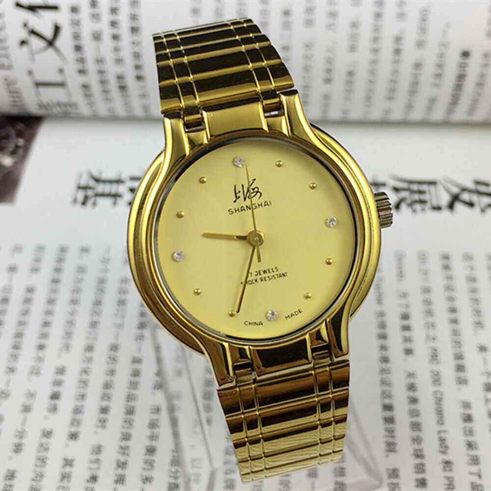 Shanghai Factory 34mm manual watch with golden case and yellow dial, classic mechanical timepiece for enthusiasts