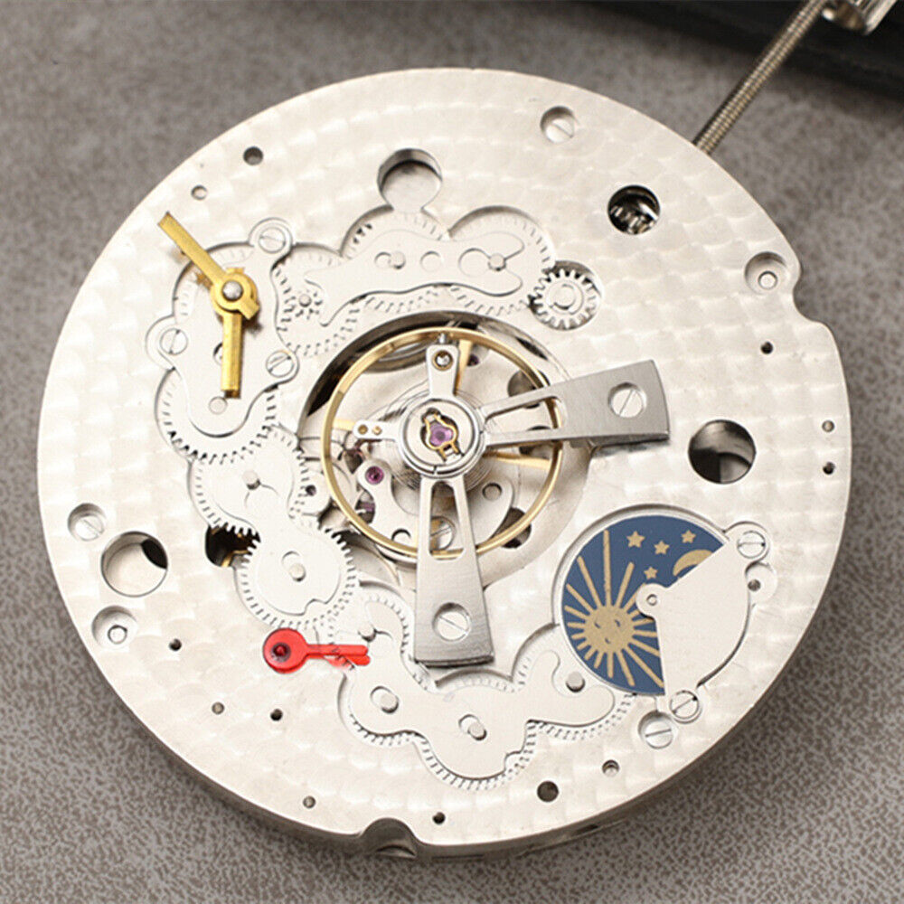 Dandong Silver hollow star moon phase watch showcasing automatic mechanical movement and elegant design.