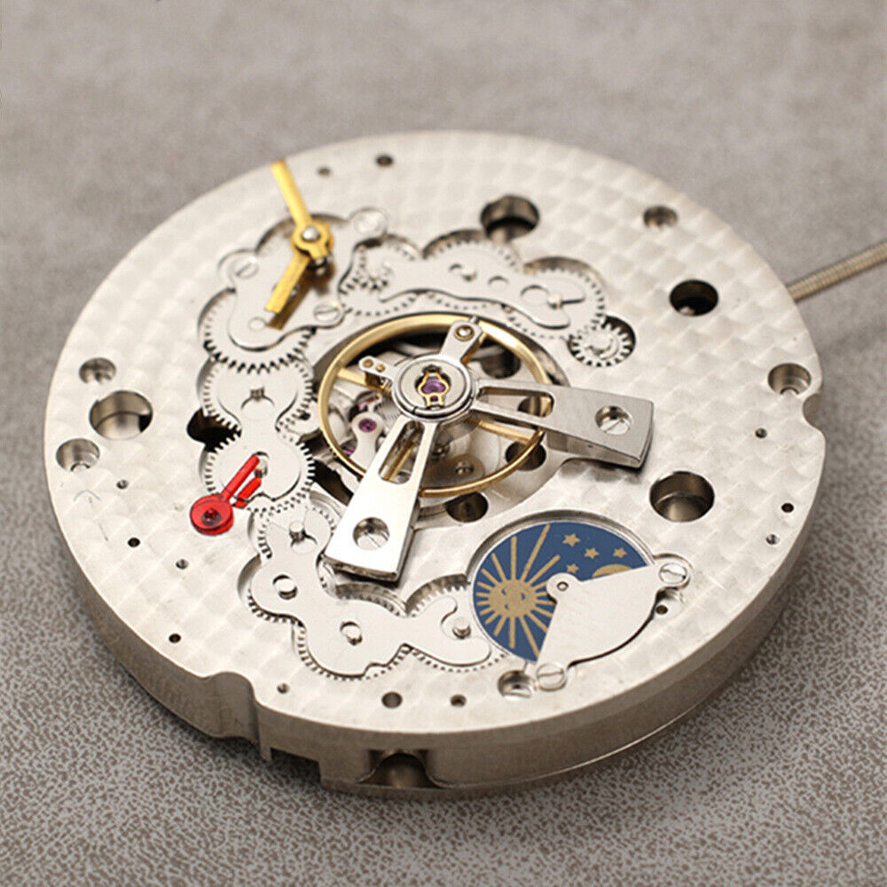 Dandong Silver hollow star moon phase watch showcasing automatic mechanical movement and elegant design.