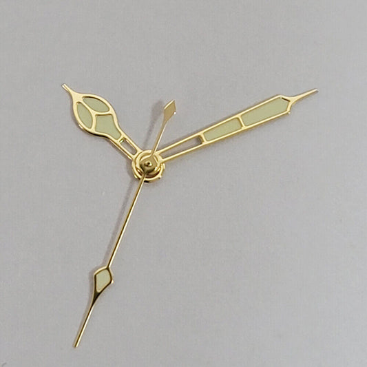 Green luminous watch hands with black and golden trim for NH35, NH36, 4R, and 7S movements.