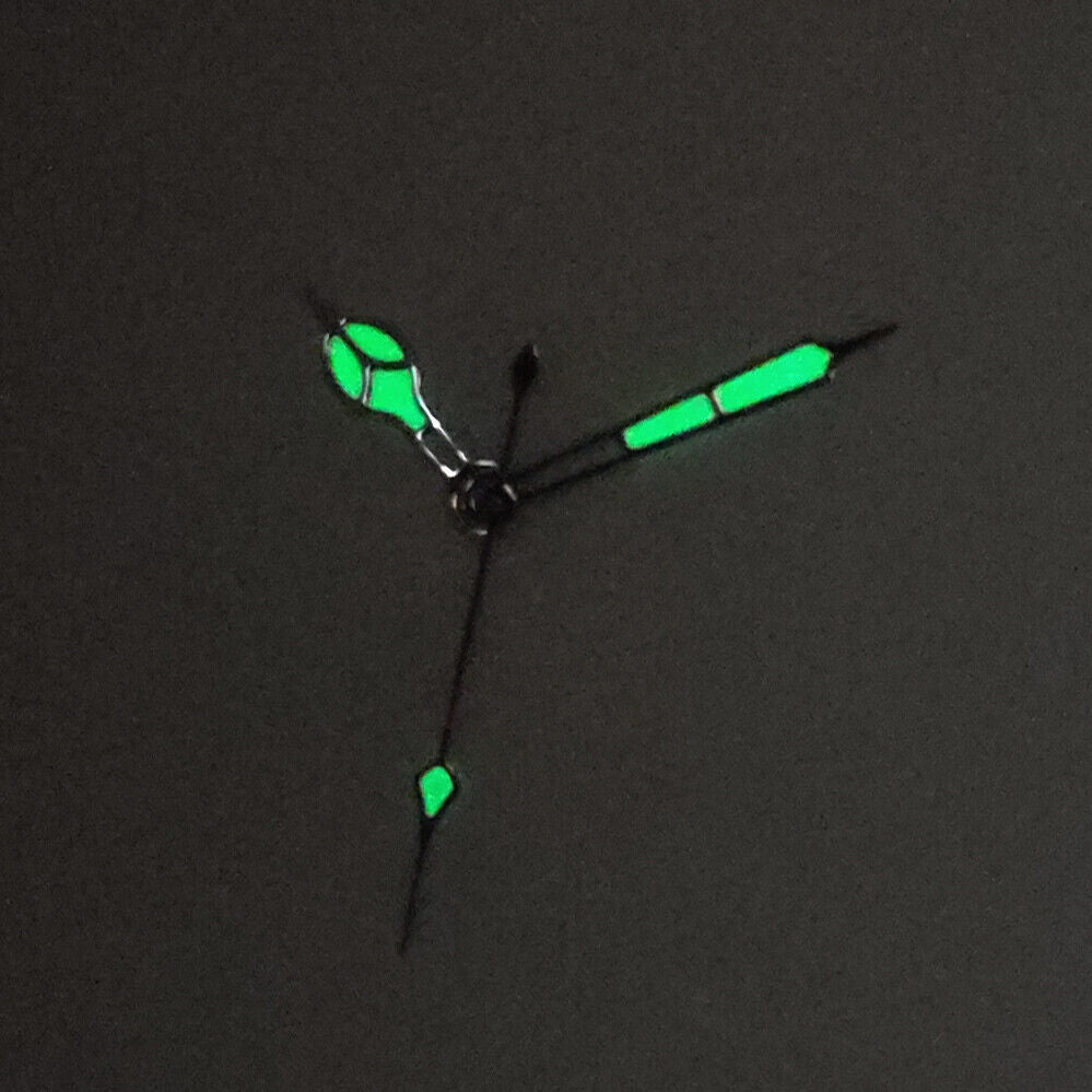 Green luminous watch hands with black and gold trim compatible with NH35, NH36, 4R, 7S movements.