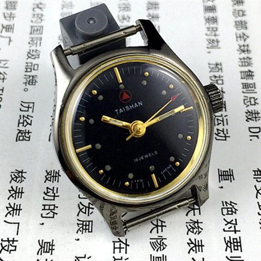 TAISHAN 26mm black manual mechanical lady watch with 19 jewels, sleek black dial, and elegant 3-hand design.