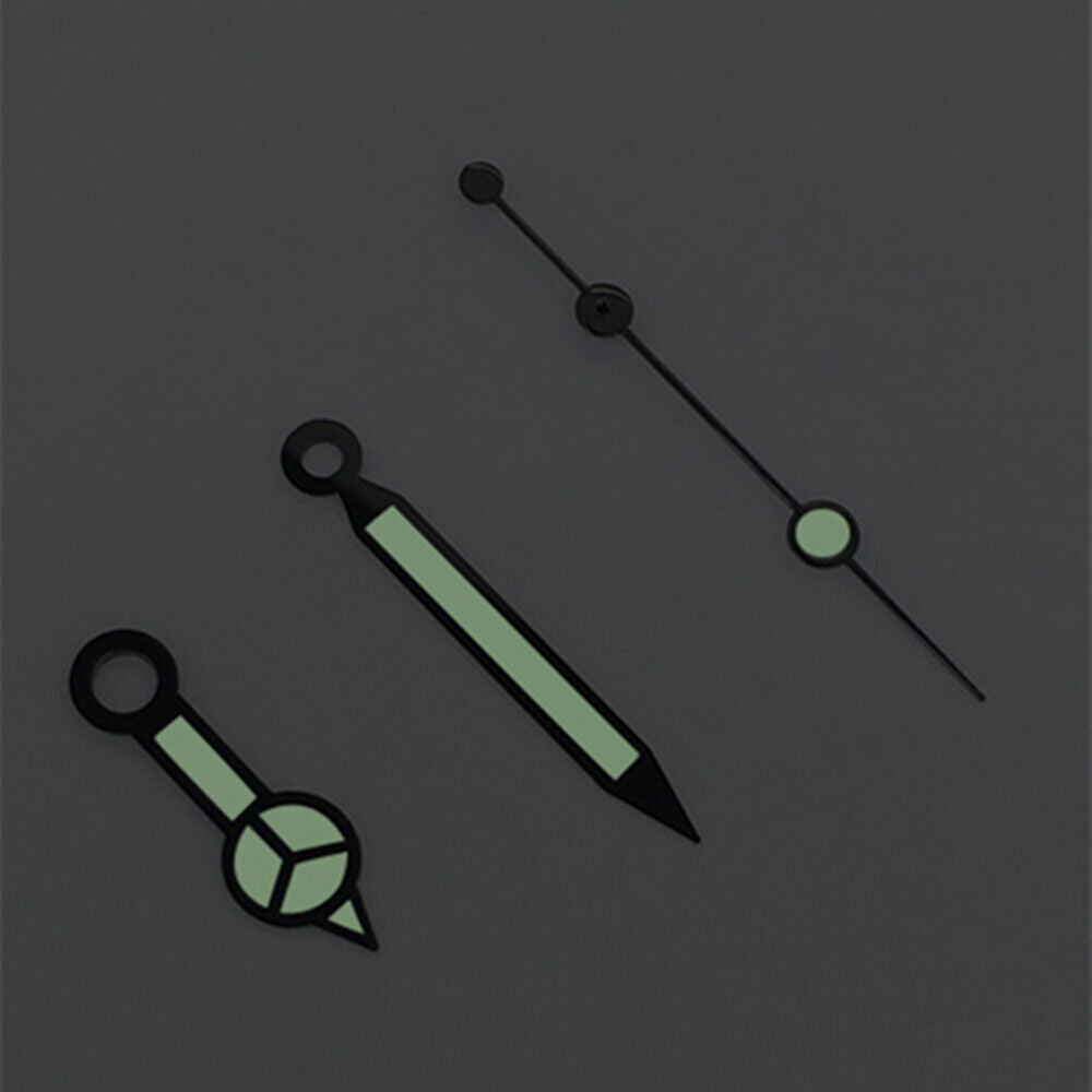 Classic black-trimmed green luminous watch hands for Asian 8215/2813/8205 movement, ideal for precise timekeeping restoration.