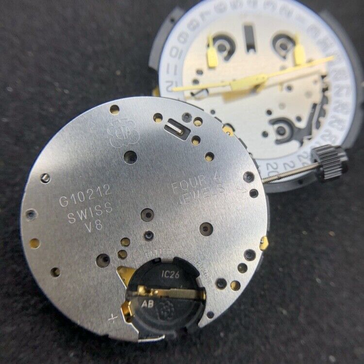 ETA G10.212 Swiss quartz watch movement with date display at 3/4 position, precision timekeeping.