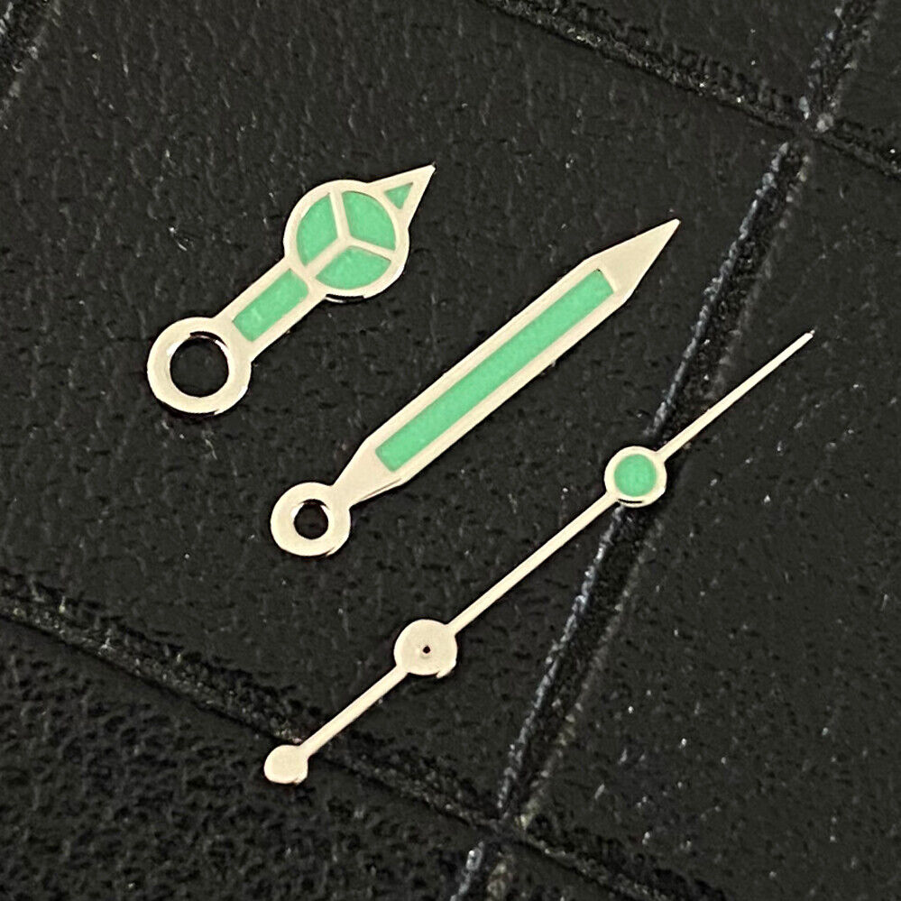 Classic multi-color silver trimmed green luminous watch hands compatible with NH35/NH36 movements.