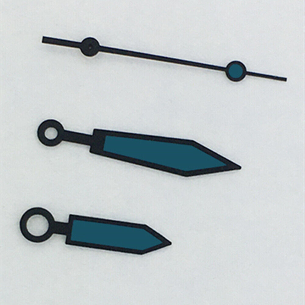 Blue luminous watch hands with polished black trim for ETA2836/2846/2824/2846 movements, ideal for watch repairs.