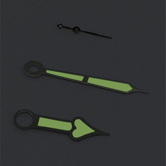 Silver trim heart-shaped green lume watch hands for ST3600/ST3620/ETA6497/6498 movements.