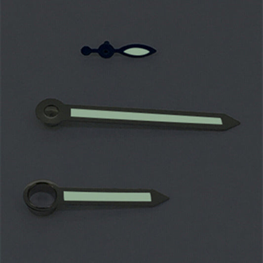Silver trim arrow-shaped green lume watch hands for ST3600, ST3620, ETA6497, and 6498 movement watches.