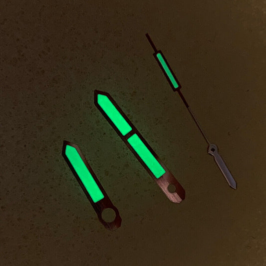 Silver-trimmed green luminous watch hands for NH35/NH36/4R/7S movement by Color Block, perfect for enhancing dial visibility.