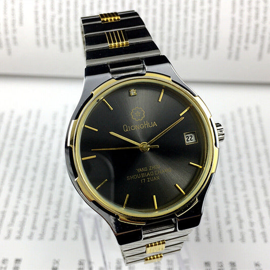 Qionghua 37mm black dial manual steel watch with 17 jewels and single calendar function.
