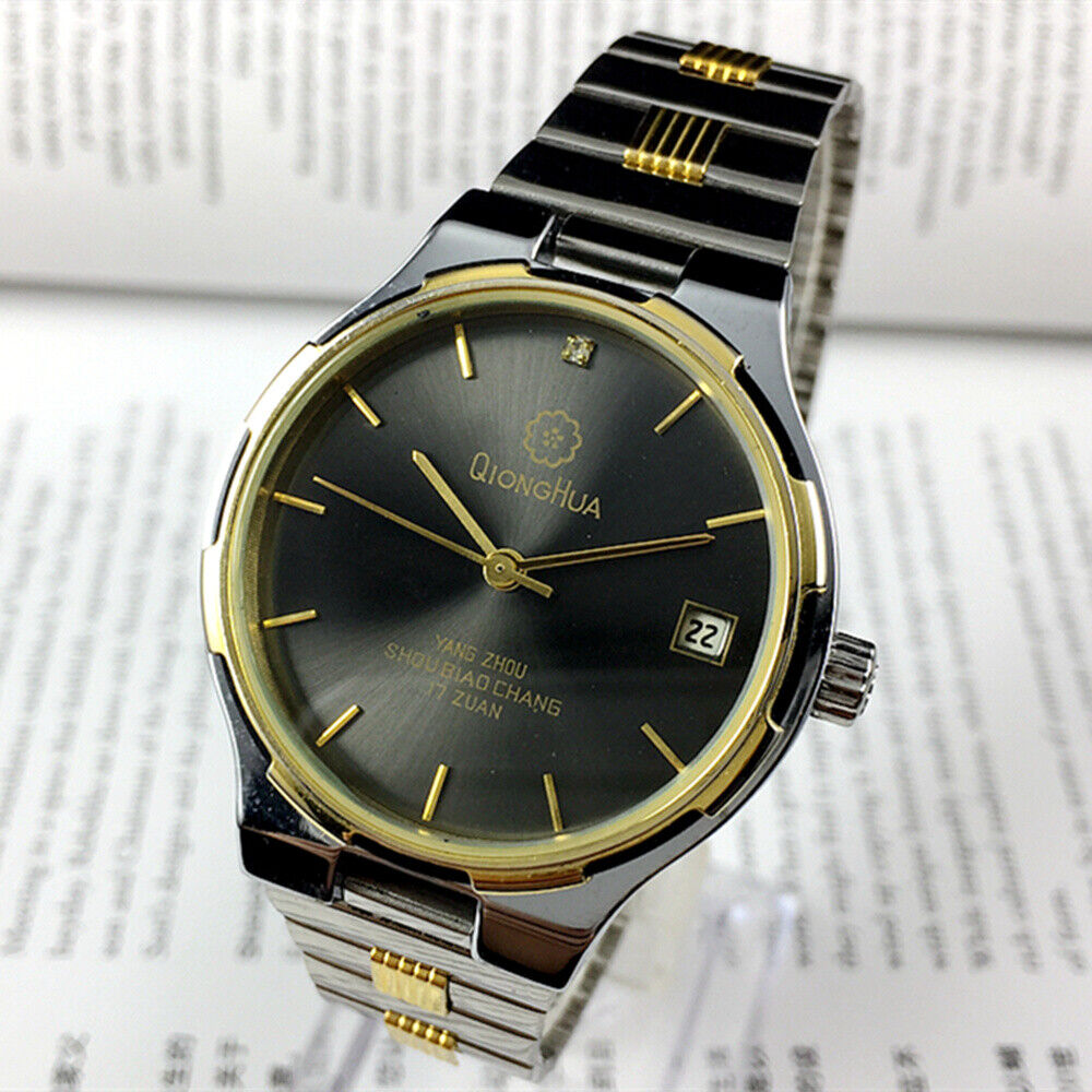 Qionghua 37mm manual steel watch with black dial, 17 jewels, and single calendar for classic style.