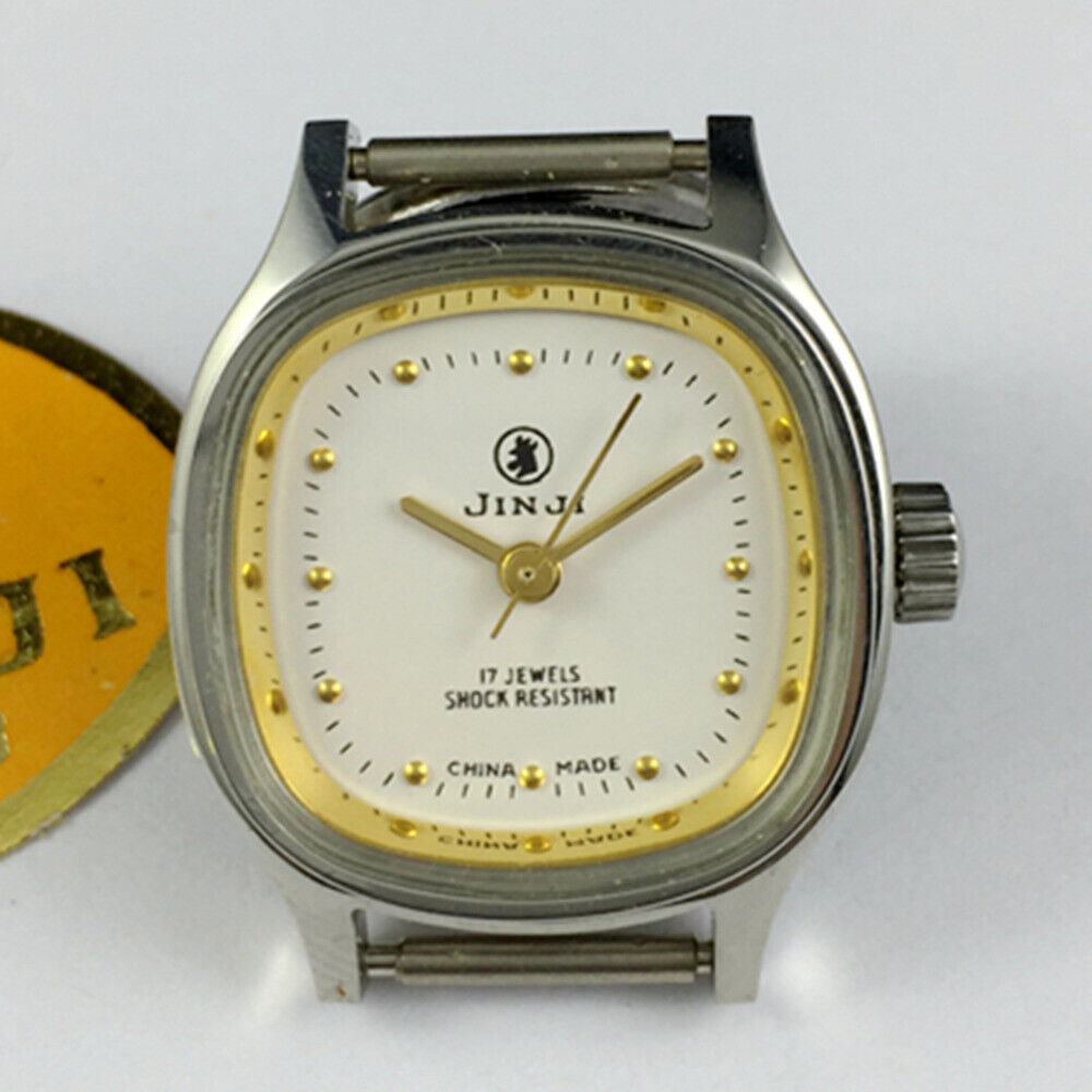 SHANGHAI JINJI 26mm lady watch with golden square case, manual mechanical movement, and 17 jewels for precision.