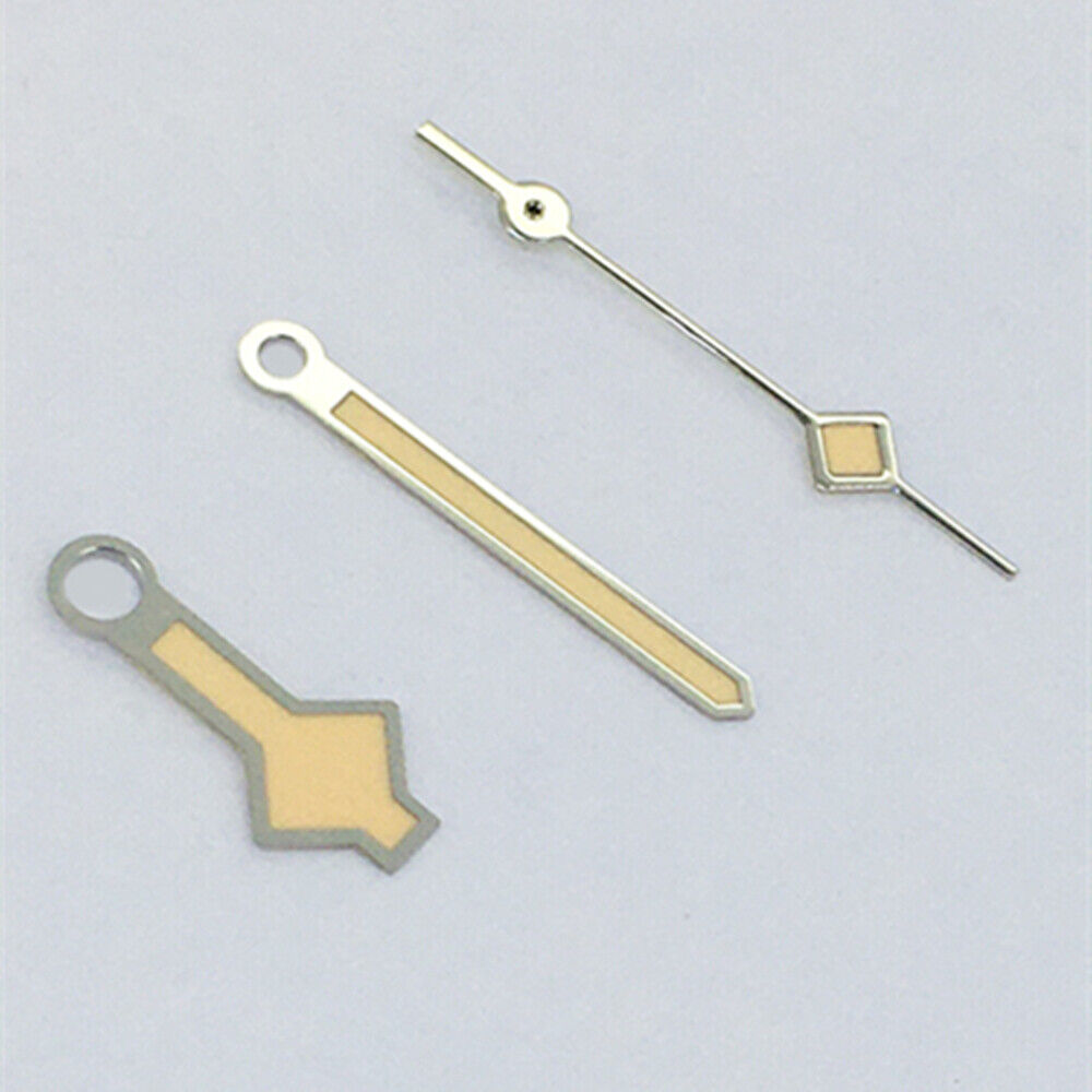 Silver-trimmed yellow lume watch hands for Asian 8215/2813/8205 movements, perfect for TimelyCraft upgrades.