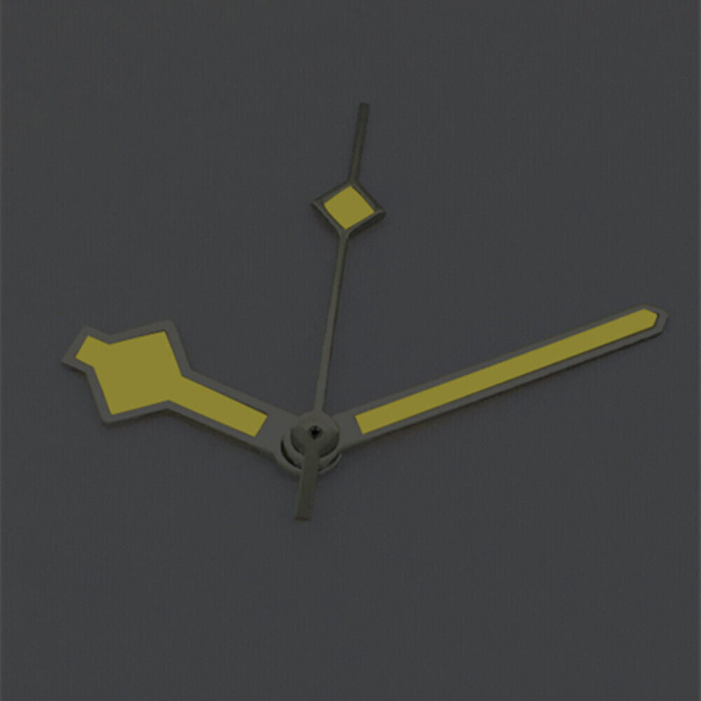 Silver trim yellow lume watch hands compatible with Asian 8215/2813/8205 movements for timepiece upgrades.