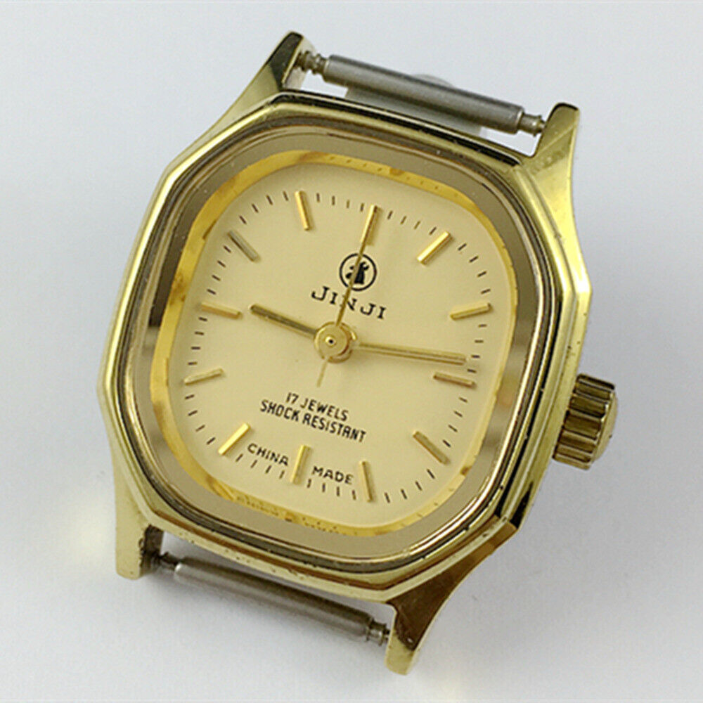 SHANGHAI JINJI 26mm lady watch with golden square case and 17-jewel manual mechanical movement.